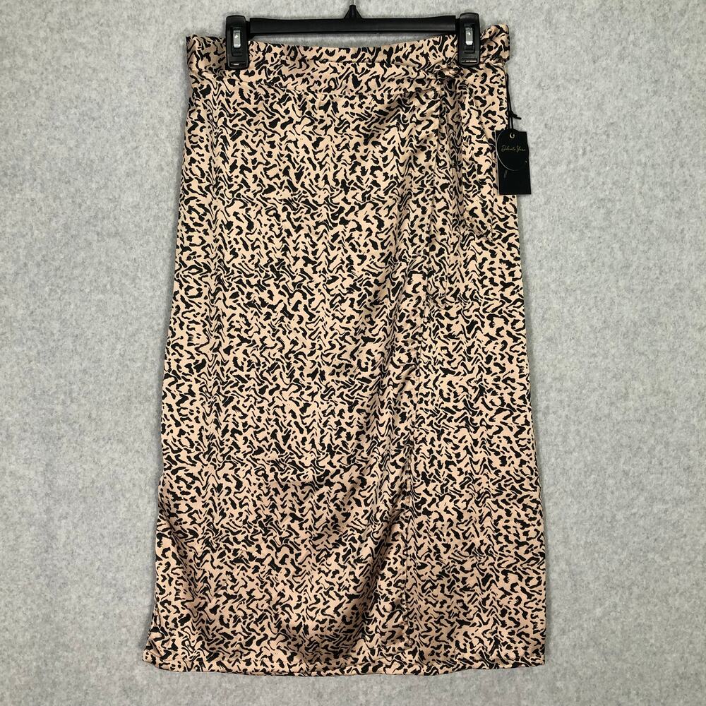 Japna Skirt Womens Large Tan Black Satin Wrap Tie Midi Neutral Twee Preppy Glam